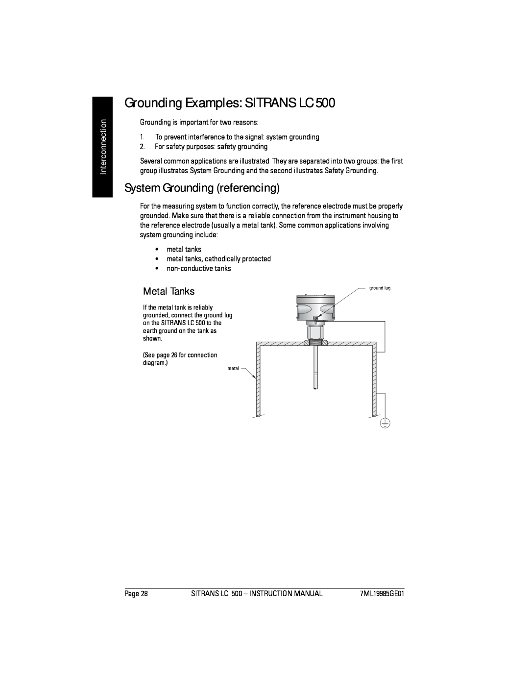 Siemens LC 500, Sitrans Grounding Examples SITRANS LC, System Grounding referencing, Metal Tanks, Interconnection 