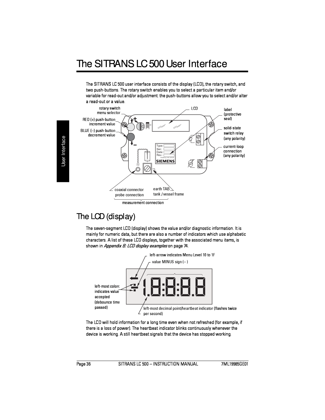 Siemens Sitrans instruction manual The SITRANS LC 500 User Interface, The LCD display 