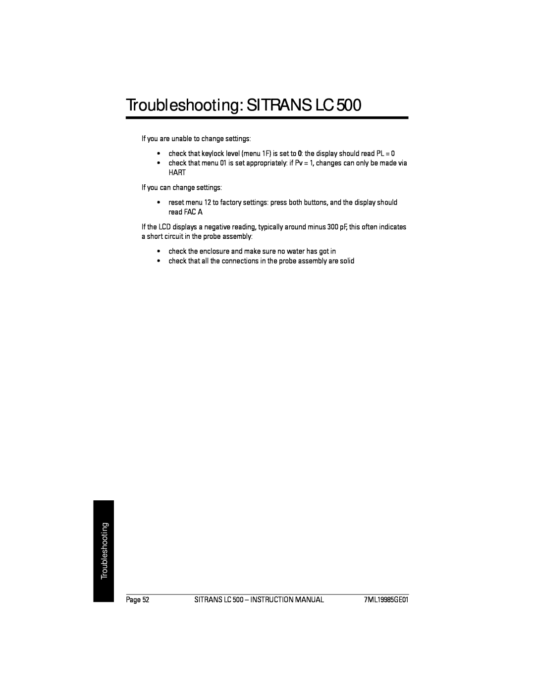 Siemens LC 500, Sitrans instruction manual Troubleshooting SITRANS LC 