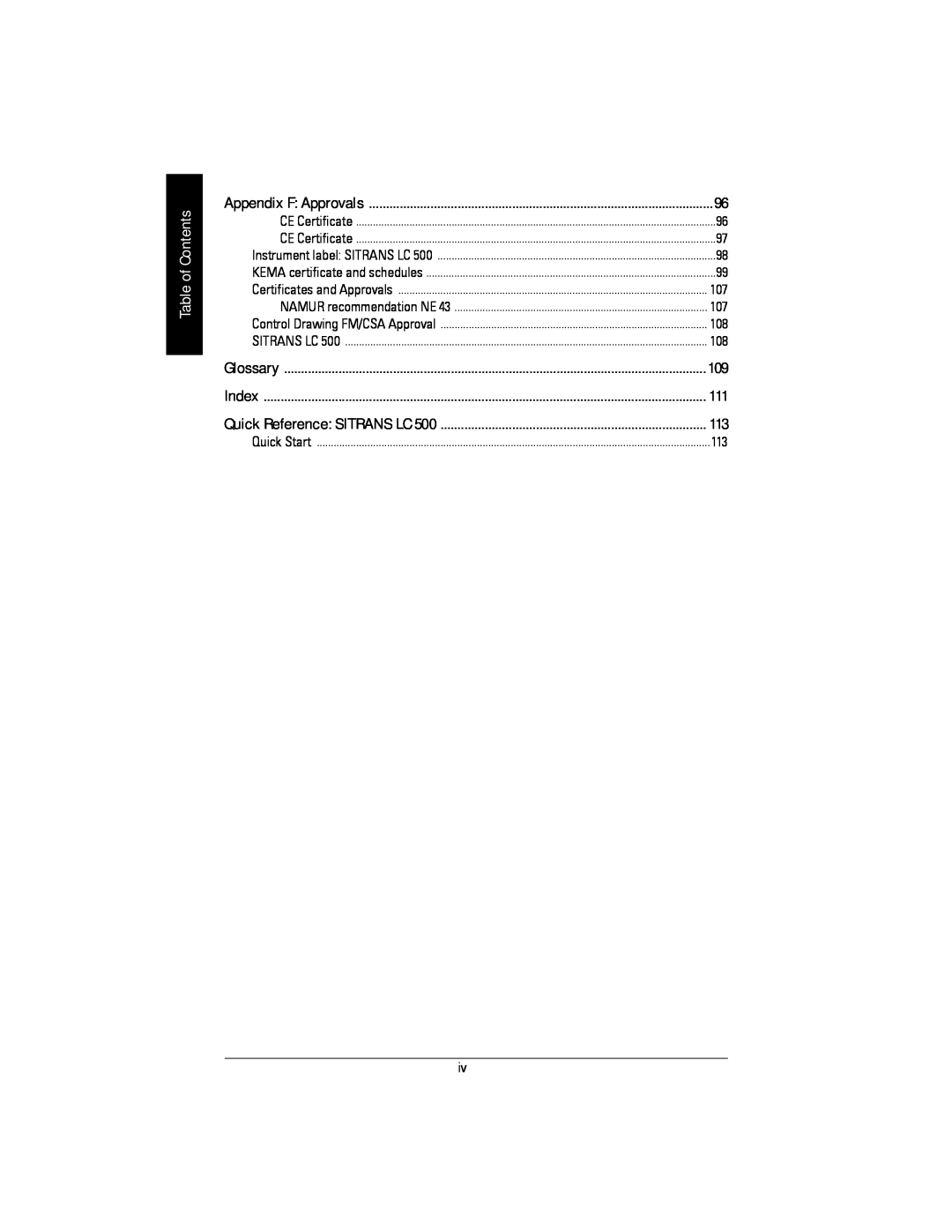 Siemens LC 500, Sitrans instruction manual Table of Contents, Quick Reference SITRANS LC, Appendix F Approvals, Glossary 