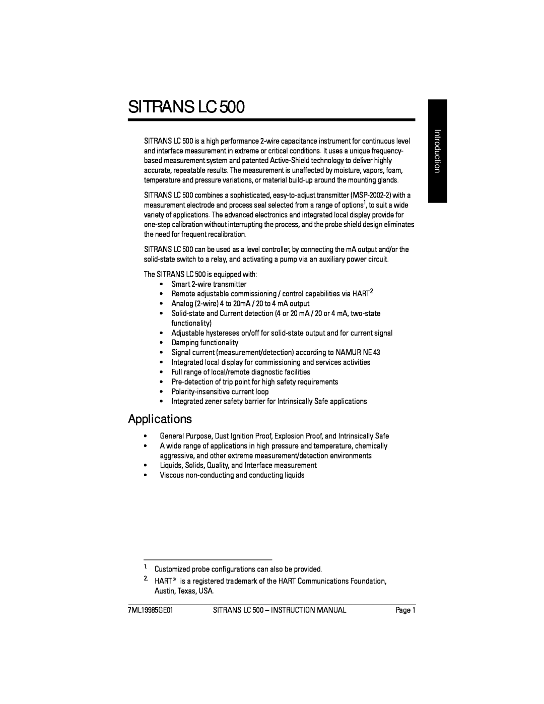 Siemens LC 500 instruction manual Sitrans Lc, Applications, Introduction 