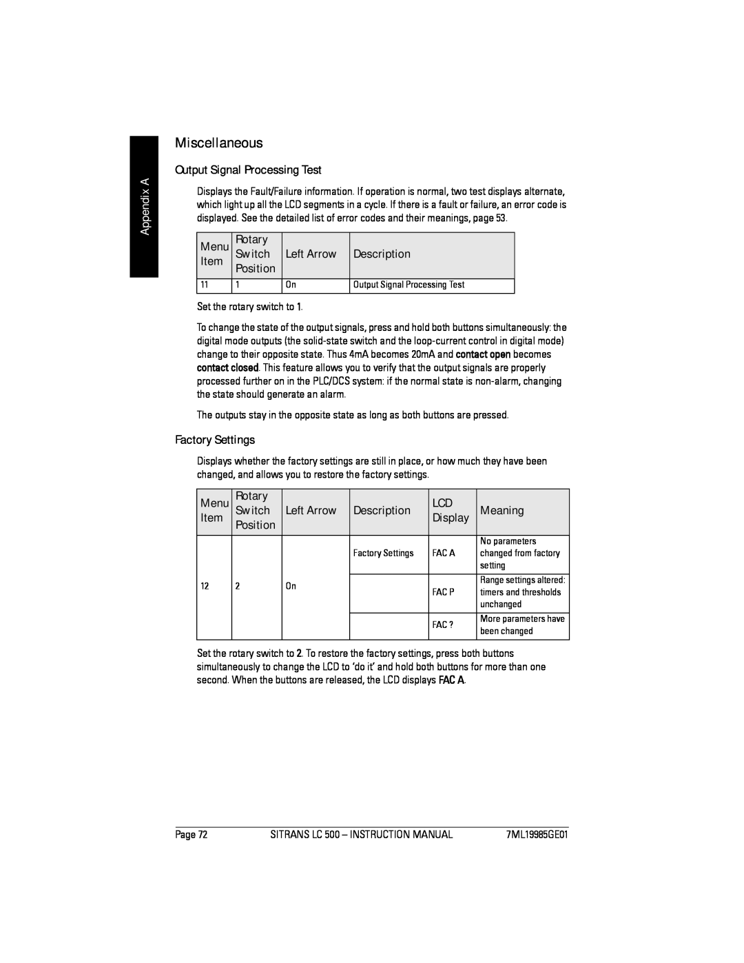 Siemens LC 500, Sitrans instruction manual Miscellaneous, Appendix A 