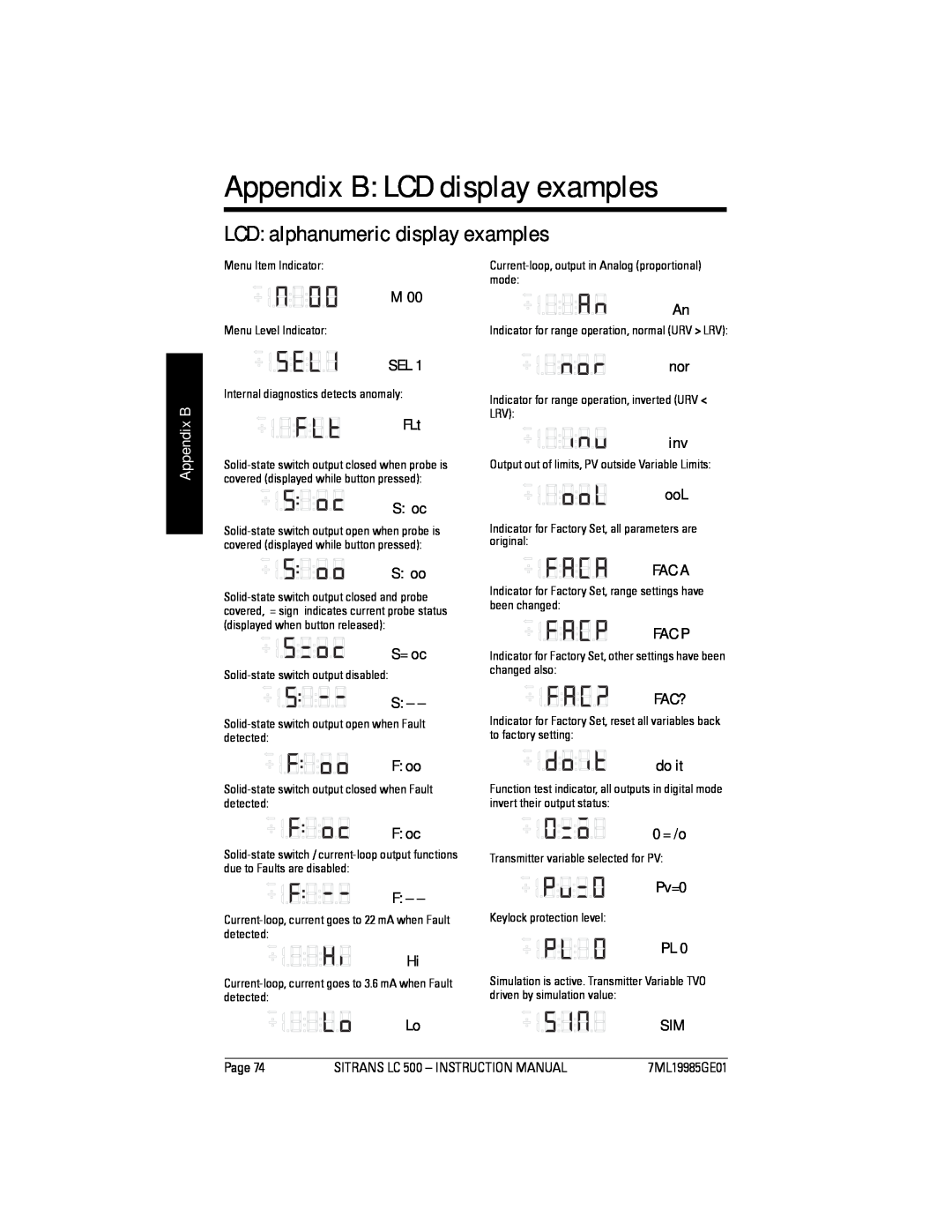Siemens LC 500, Sitrans instruction manual Appendix B LCD display examples, LCD alphanumeric display examples 