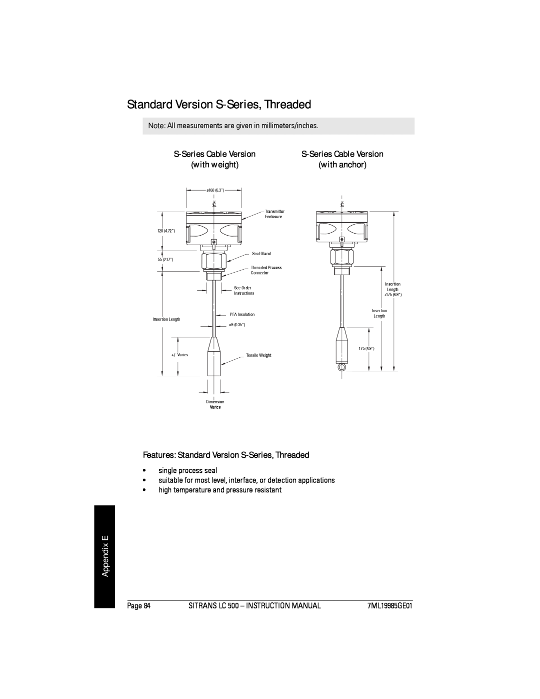 Siemens LC 500, Sitrans instruction manual Appendix E, Features Standard Version S-Series, Threaded 