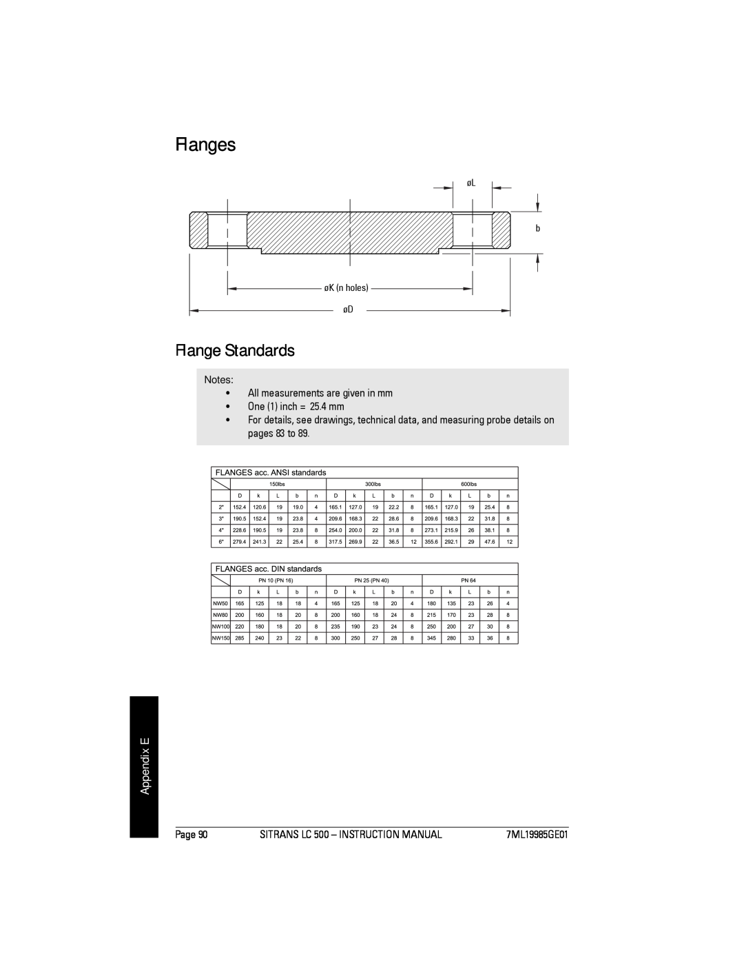 Siemens LC 500, Sitrans instruction manual Flanges, Flange Standards, Appendix E, 7ML19985GE01 