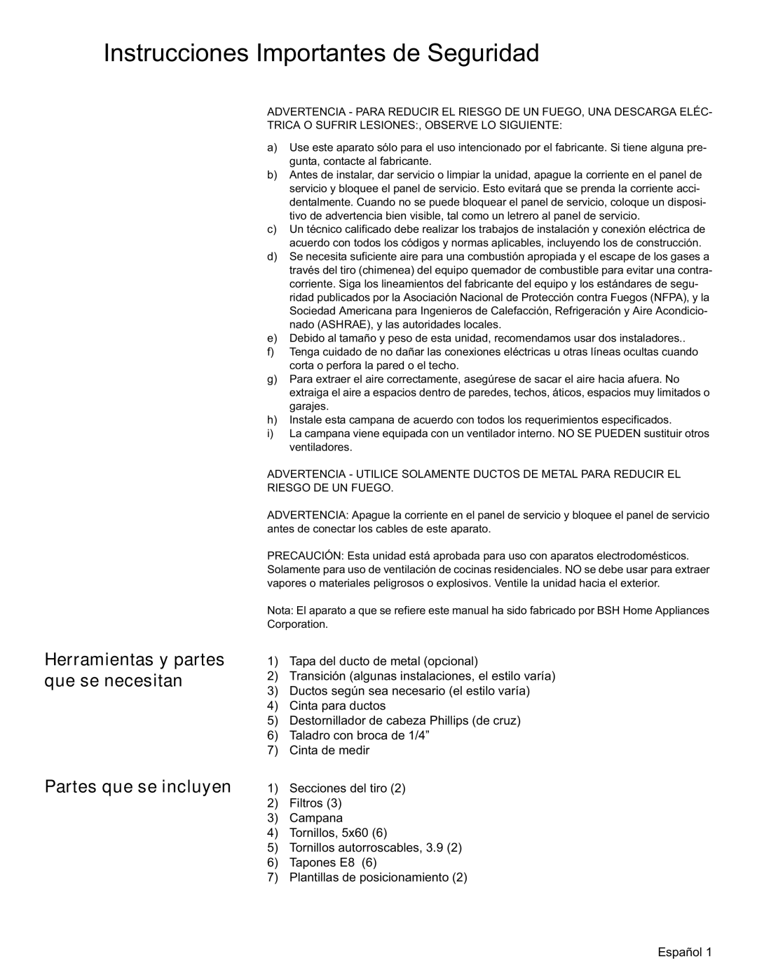 Siemens LC479050UC installation manual Instrucciones Importantes de Seguridad, Partes que se incluyen 