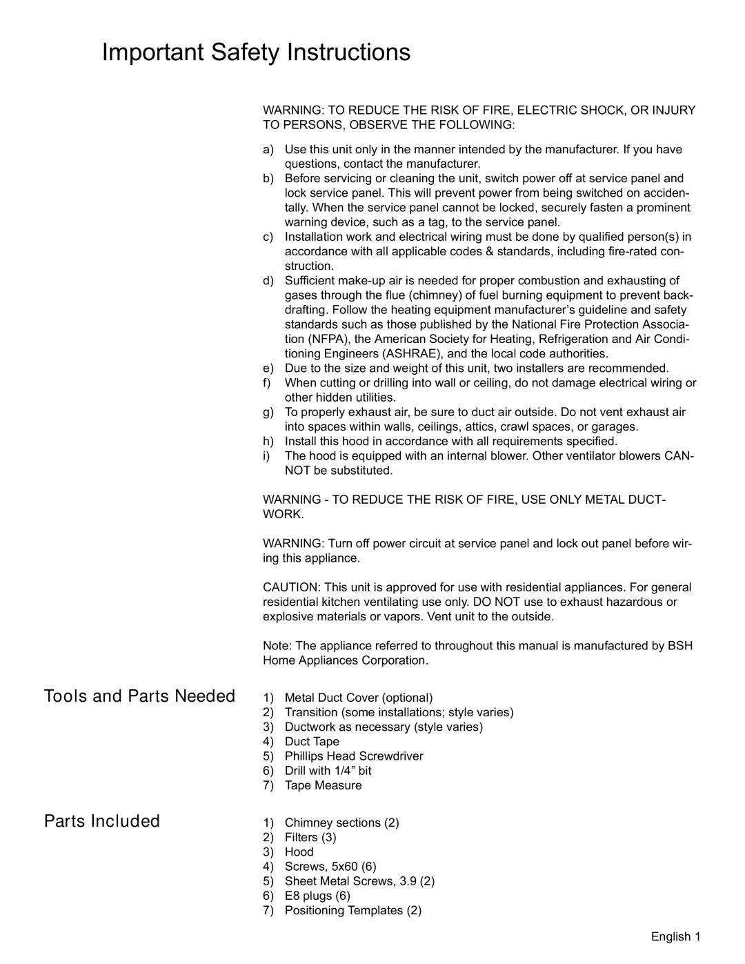 Siemens LC479050UC installation manual Important Safety Instructions, Parts Included 