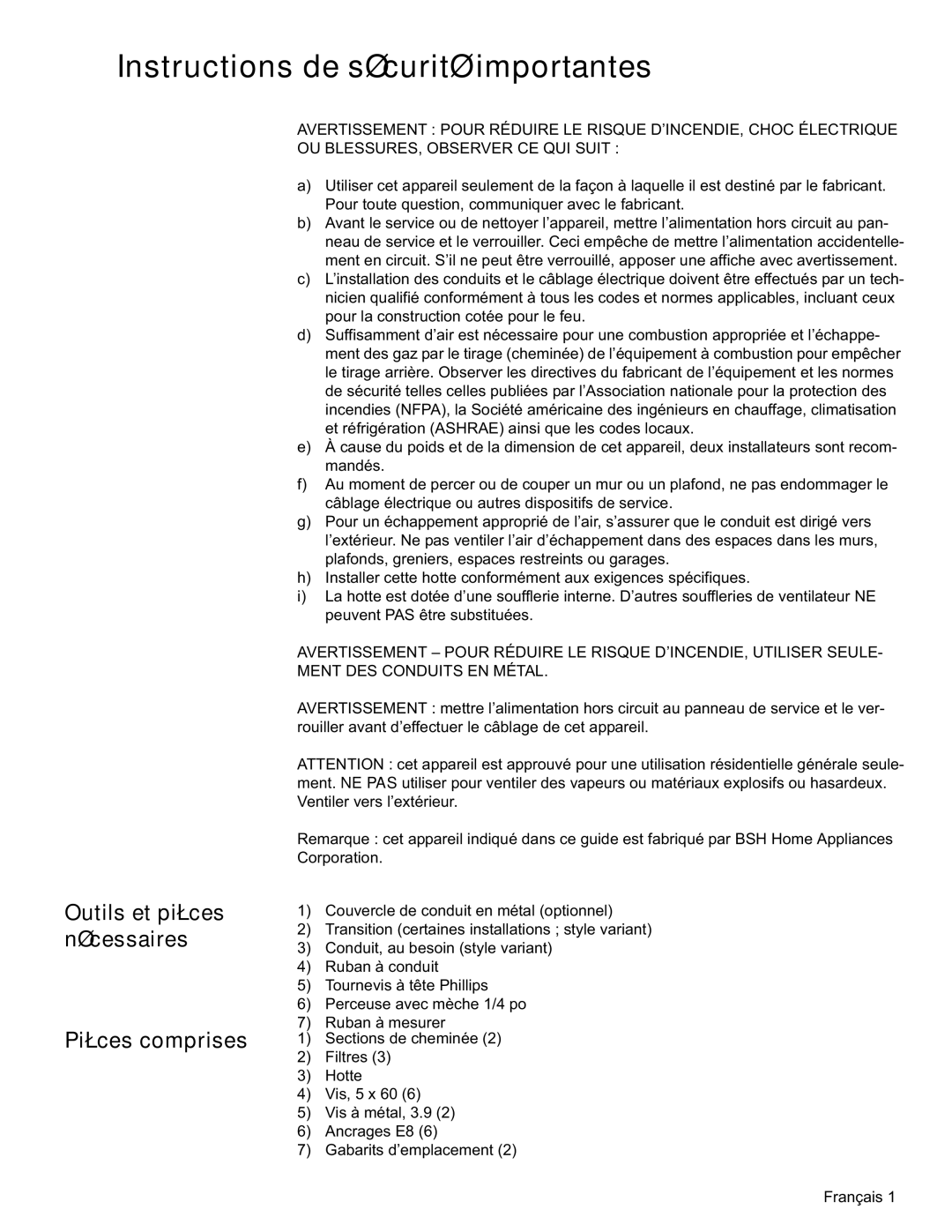 Siemens LC479050UC installation manual Instructions de sécurité importantes, Outils et pièces nécessaires Pièces comprises 