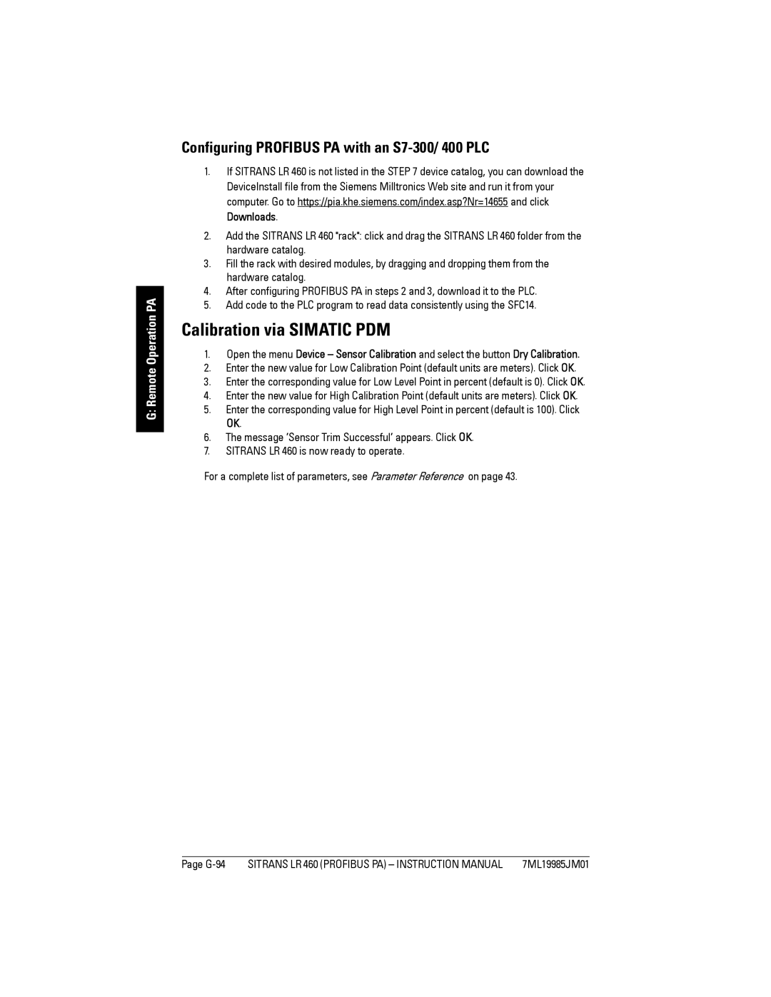 Siemens LR 460 instruction manual Calibration via Simatic PDM, Configuring Profibus PA with an S7-300/ 400 PLC 