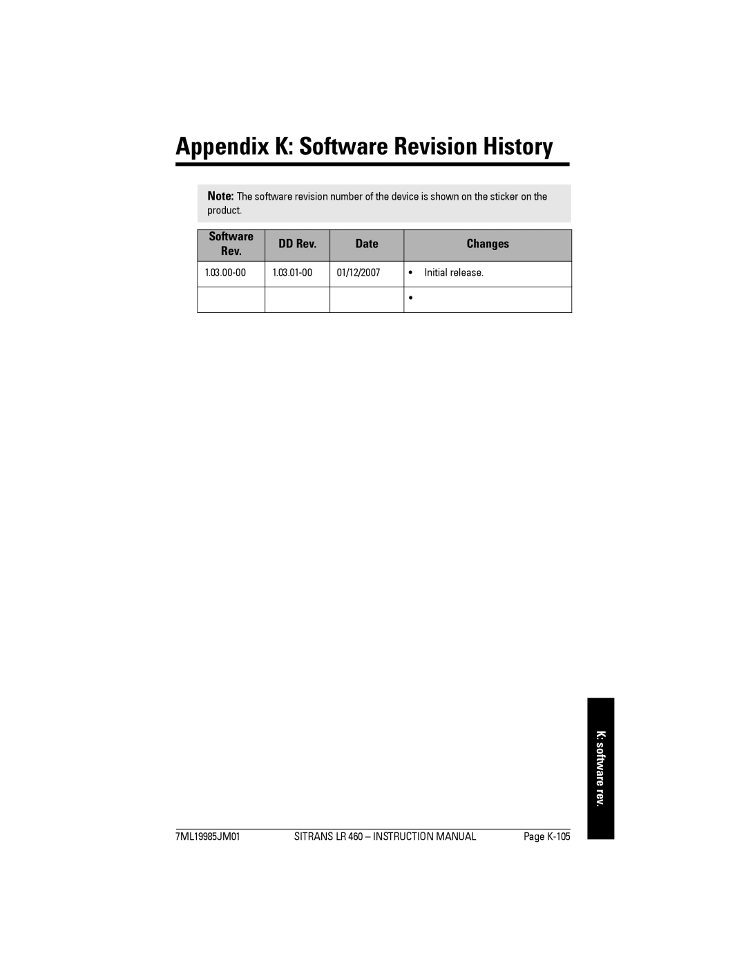 Siemens LR 460 instruction manual Software DD Rev Date Changes, Software rev, Initial release 