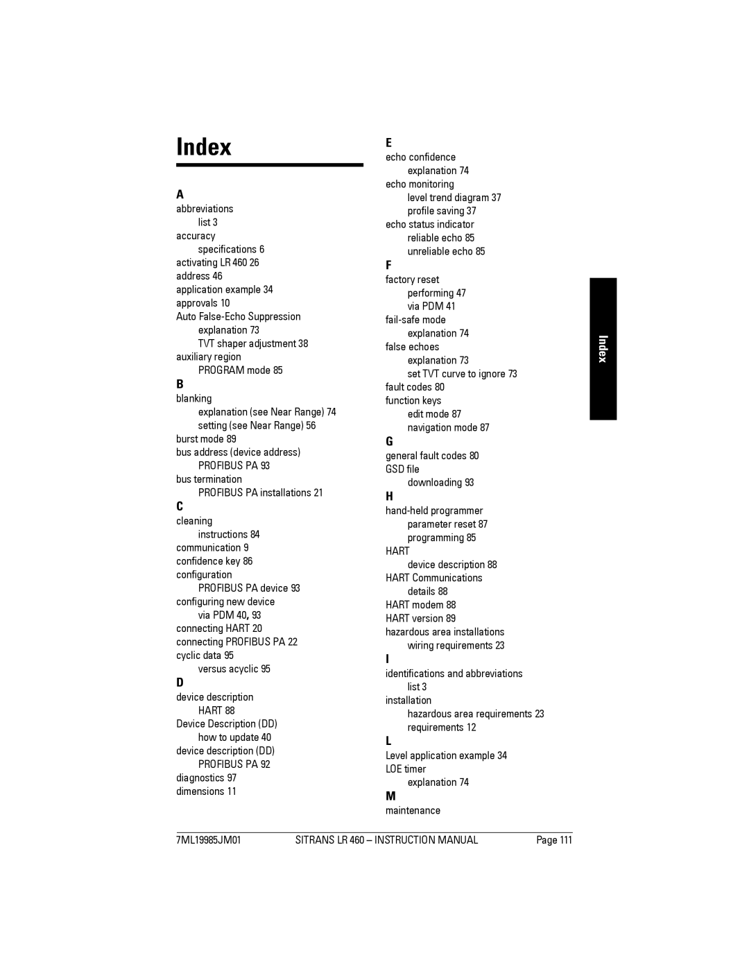 Siemens LR 460 instruction manual Index 