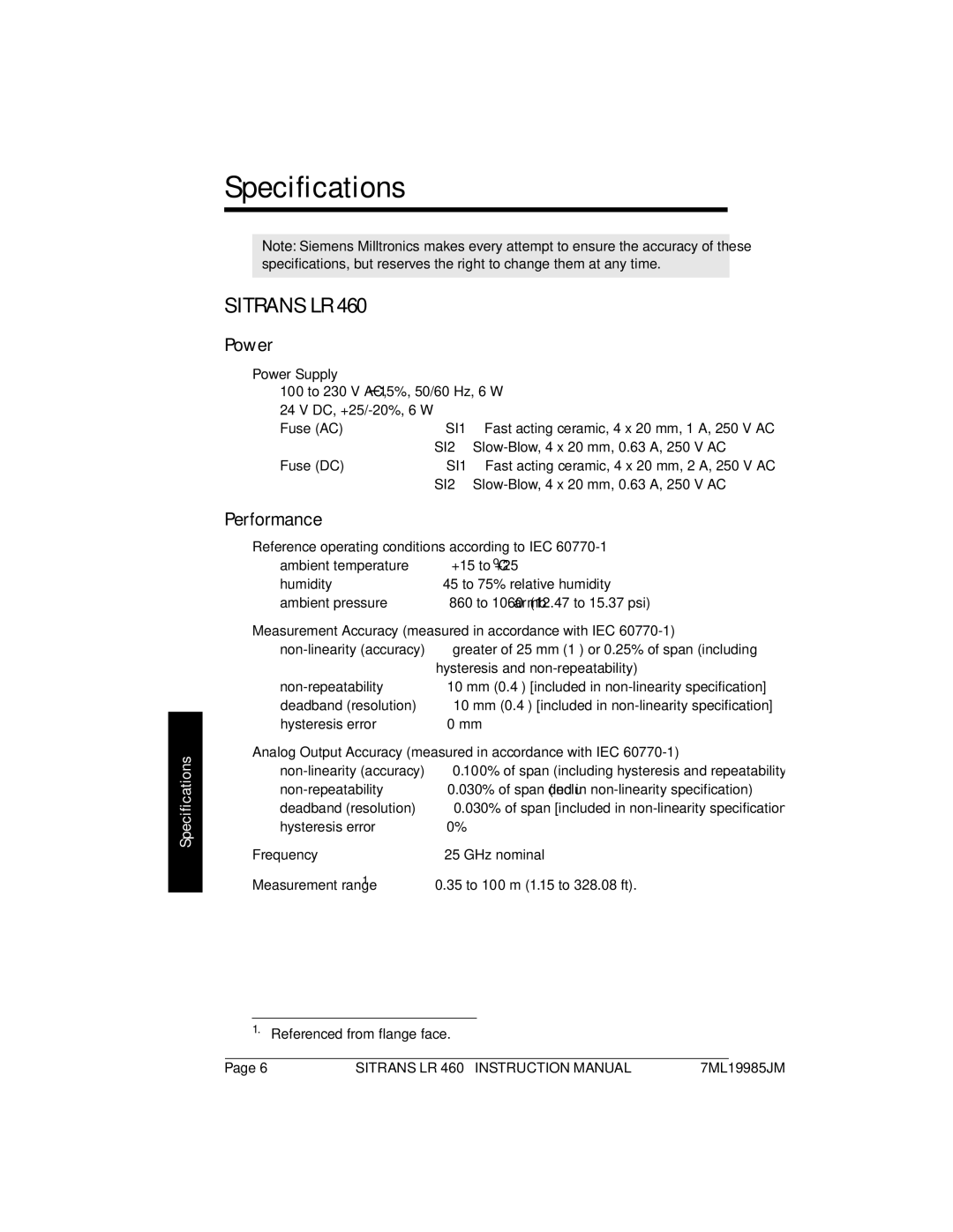 Siemens LR 460 instruction manual Specifications, Power, Performance 