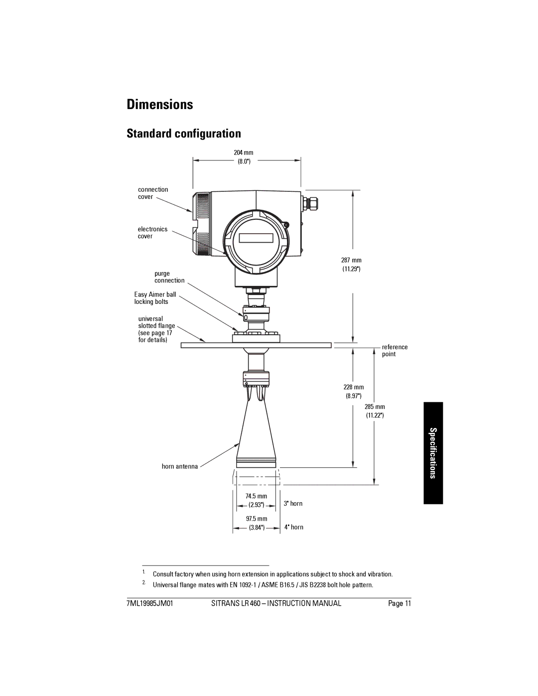 Siemens LR 460 instruction manual Dimensions, Standard configuration 