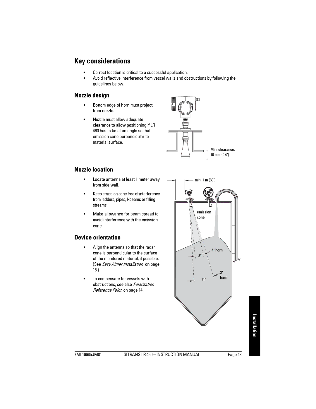 Siemens LR 460 instruction manual Key considerations, Nozzle design, Nozzle location, Device orientation 