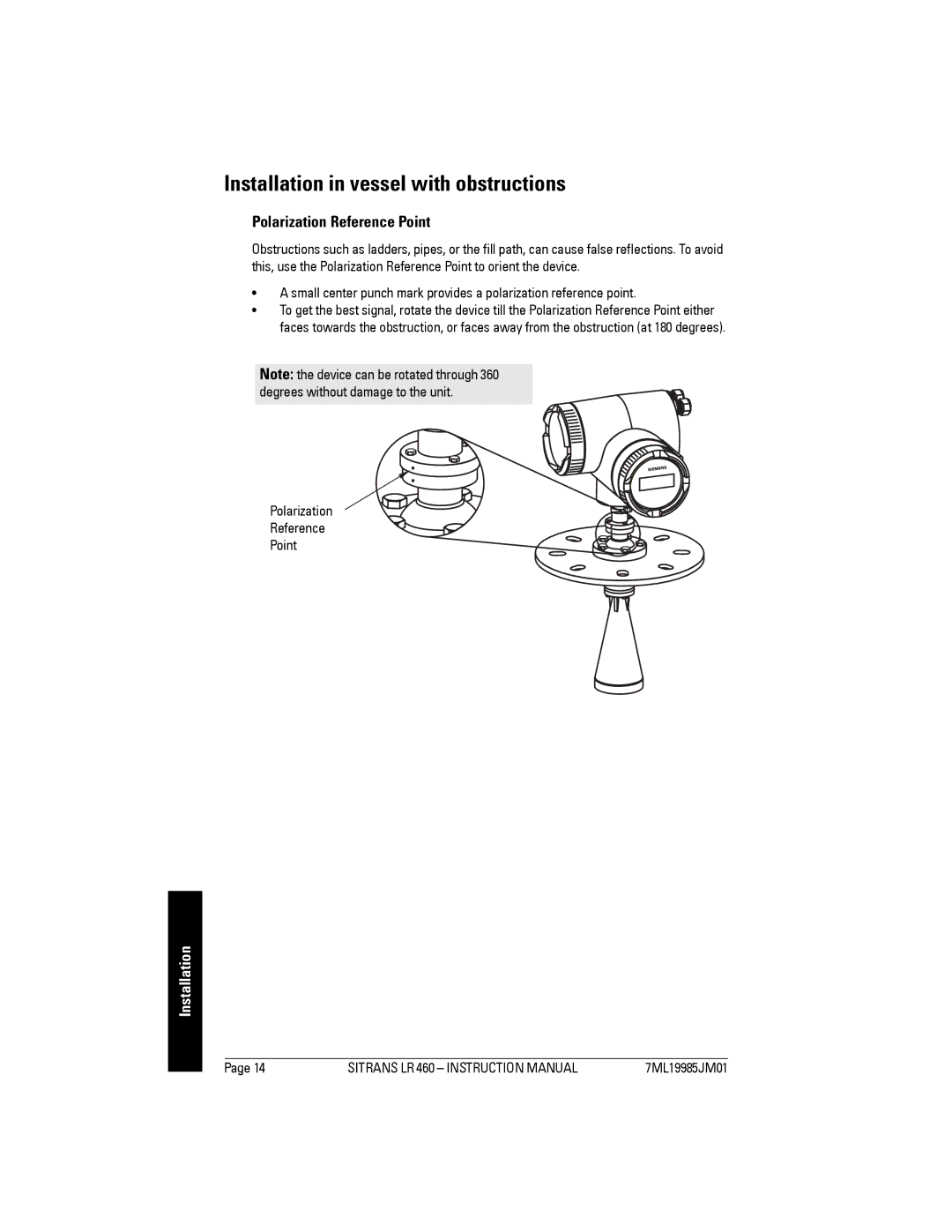 Siemens LR 460 instruction manual Installation in vessel with obstructions, Polarization Reference Point 