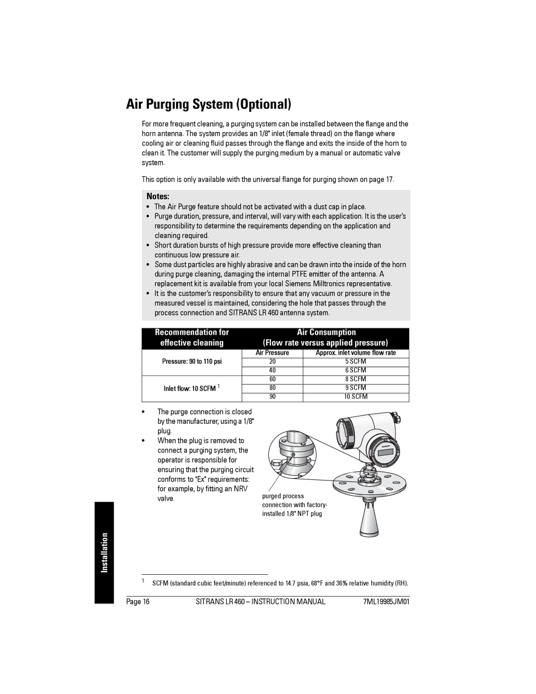 Siemens LR 460 instruction manual Air Purging System Optional, Air Consumption, Flow rate versus applied pressure 