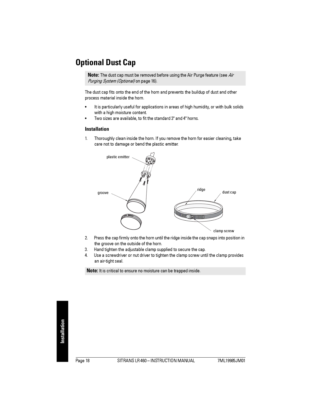 Siemens LR 460 instruction manual Optional Dust Cap, Installation 