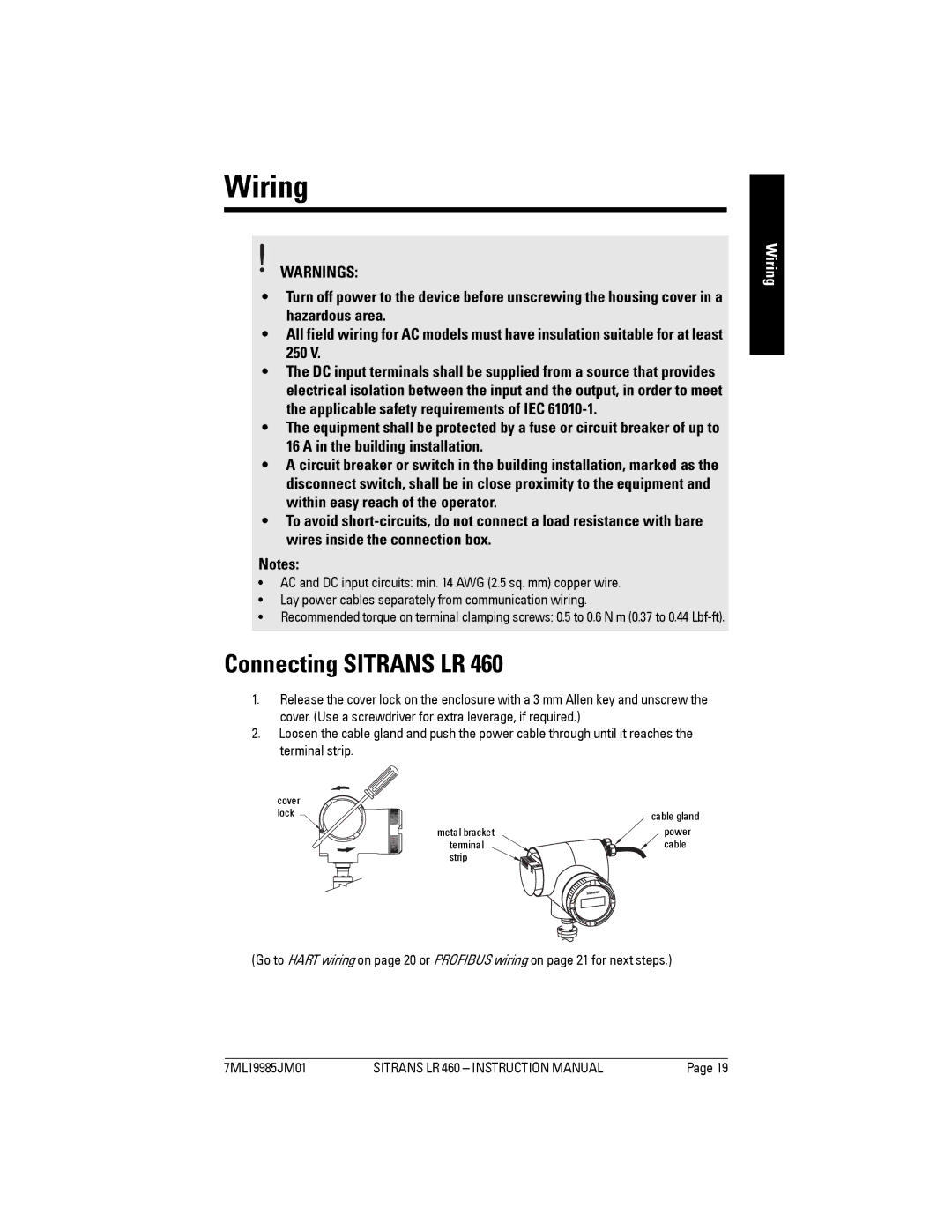 Siemens LR 460 instruction manual Wiring, Connecting Sitrans LR 