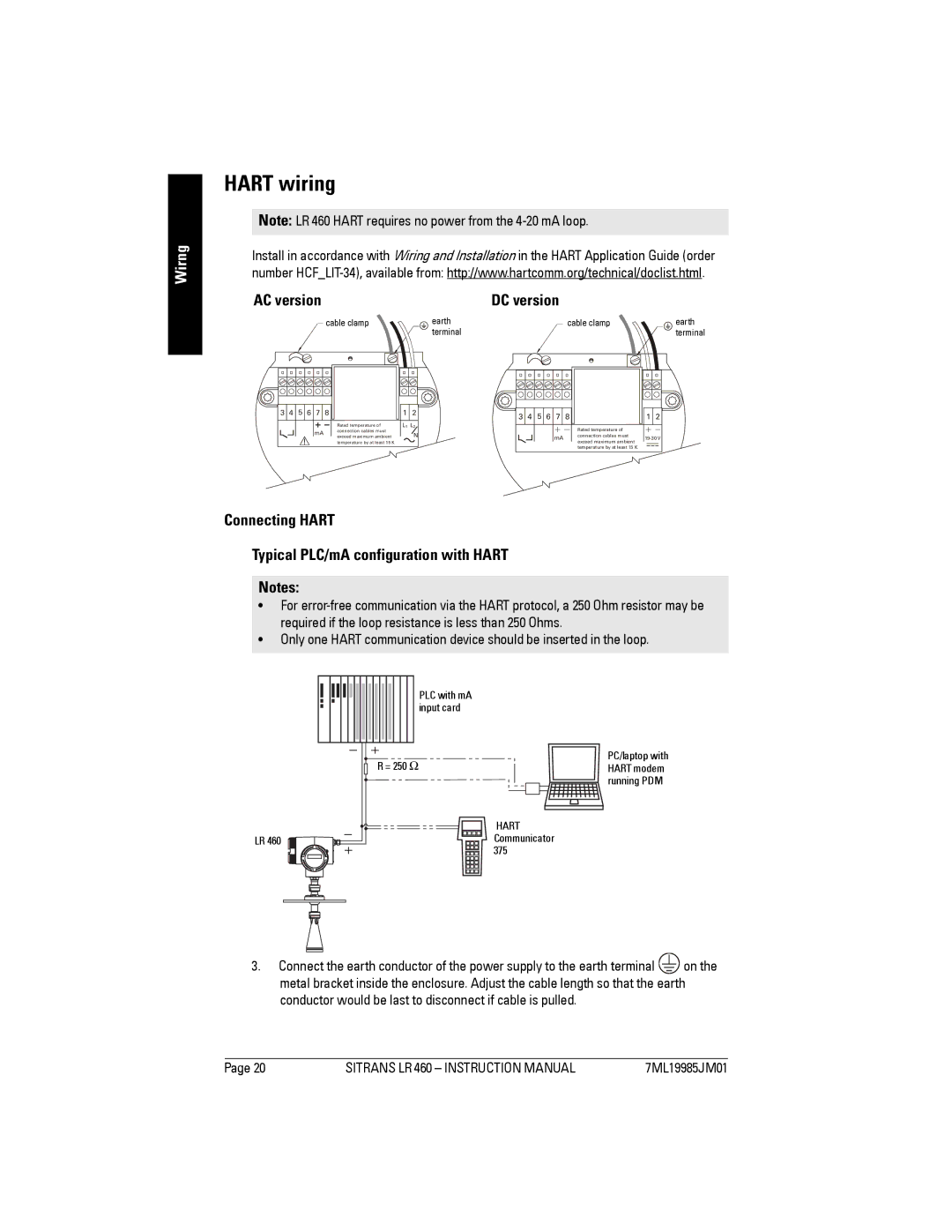 Siemens LR 460 Hart wiring, AC version DC version, Connecting Hart Typical PLC/mA configuration with Hart 