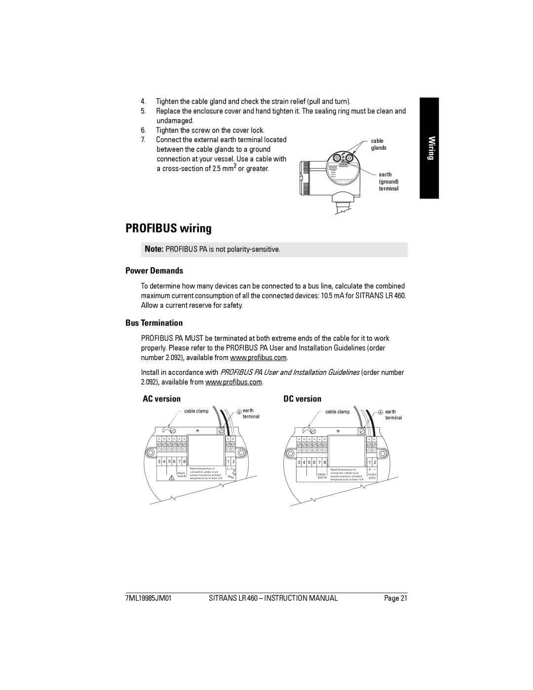 Siemens LR 460 instruction manual Profibus wiring, Power Demands, Bus Termination AC version DC version 