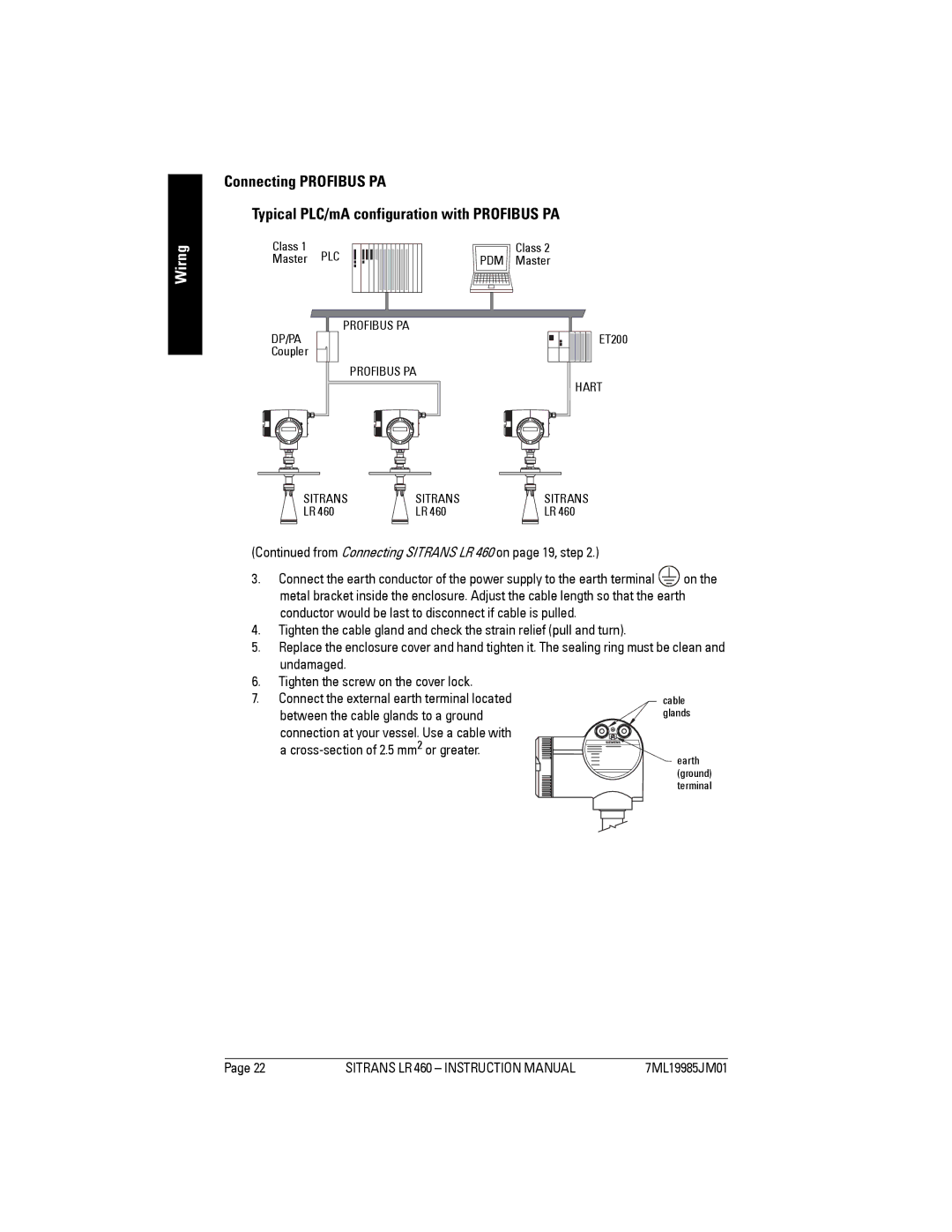 Siemens instruction manual From Connecting Sitrans LR 460 on page 19, step 