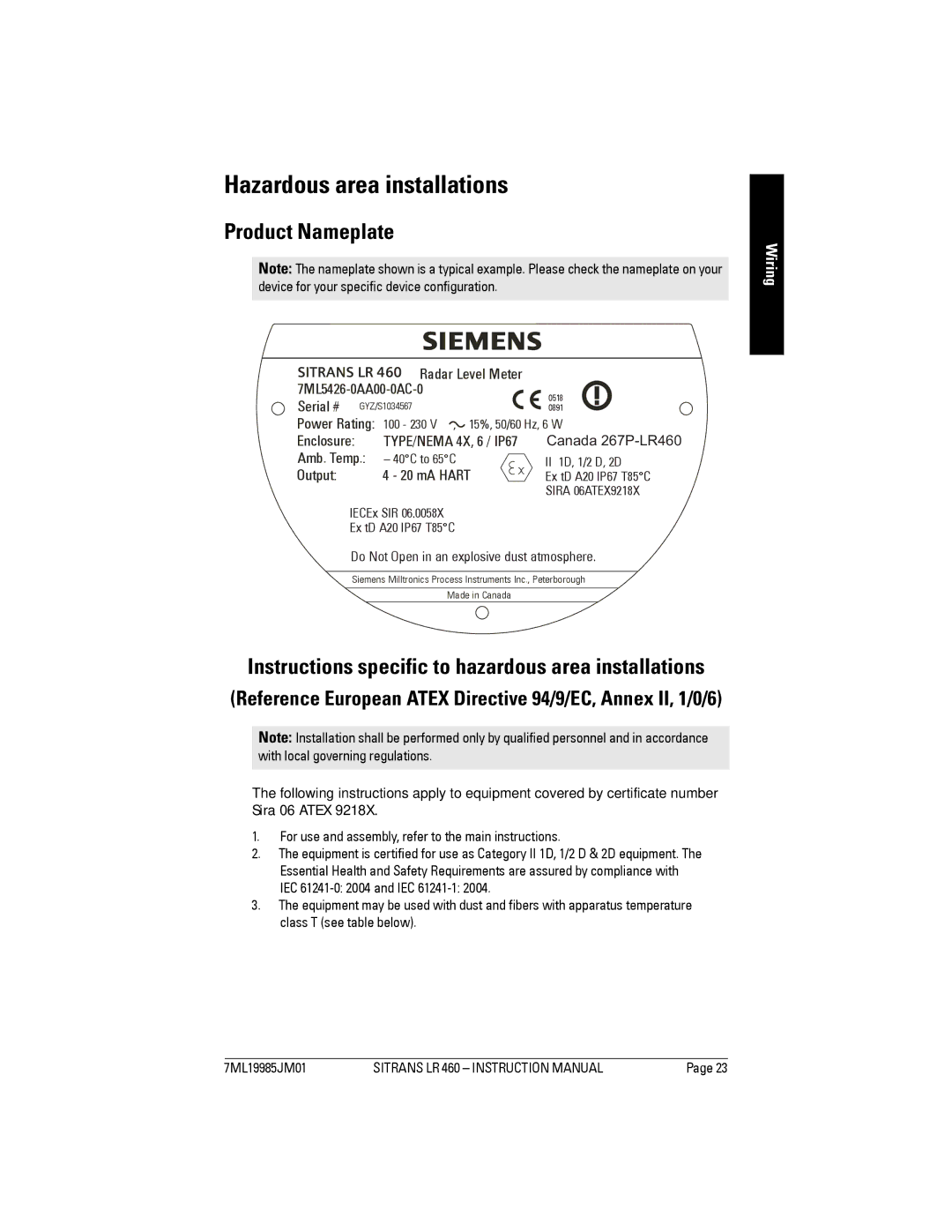 Siemens LR 460 Hazardous area installations, Product Nameplate, Reference European Atex Directive 94/9/EC, Annex II, 1/0/6 