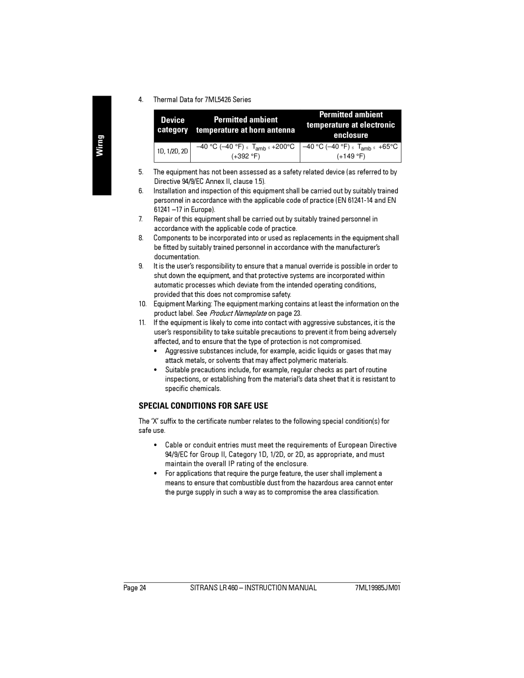 Siemens LR 460 Device Permitted ambient, Thermal Data for 7ML5426 Series, Directive 94/9/EC Annex II, clause 