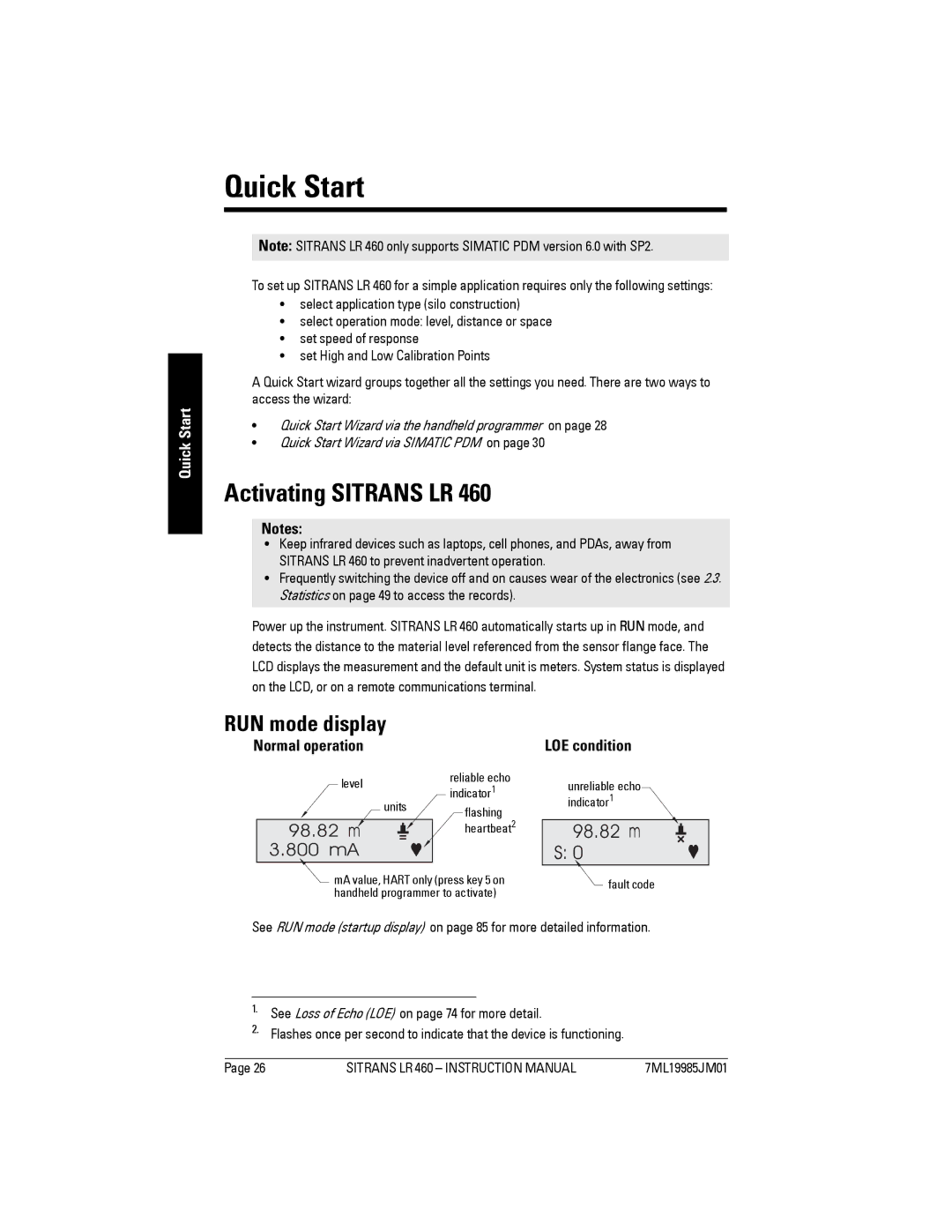 Siemens LR 460 instruction manual Quick Start, Activating Sitrans LR, RUN mode display 