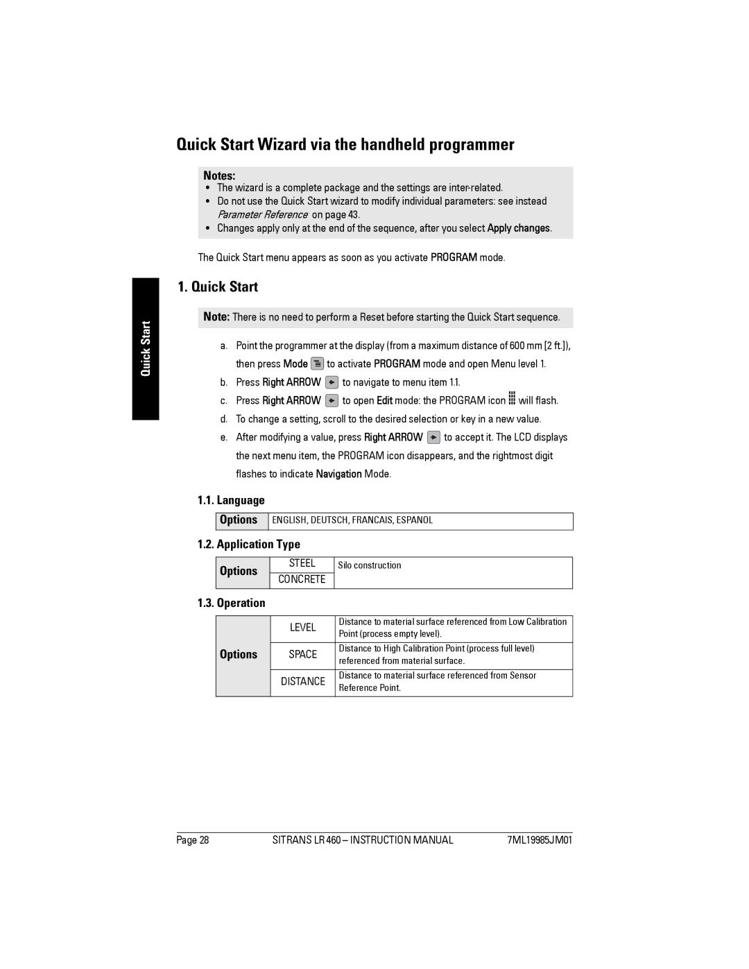 Siemens LR 460 Quick Start Wizard via the handheld programmer, Language, Application Type Options, Operation 