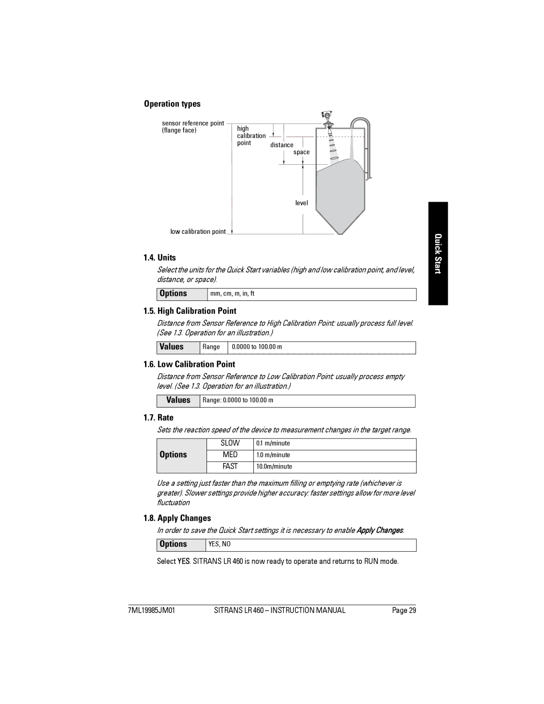 Siemens LR 460 Operation types, Units, High Calibration Point, Values, Low Calibration Point, Rate, Apply Changes 