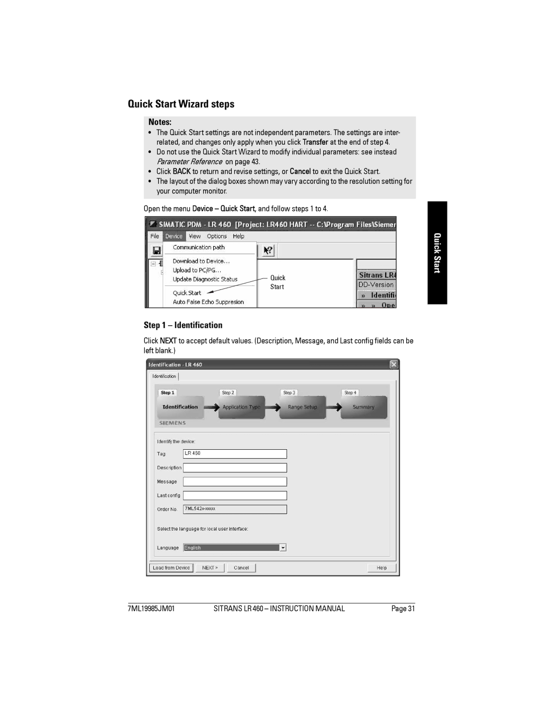 Siemens LR 460 instruction manual Quick Start Wizard steps, Identification 