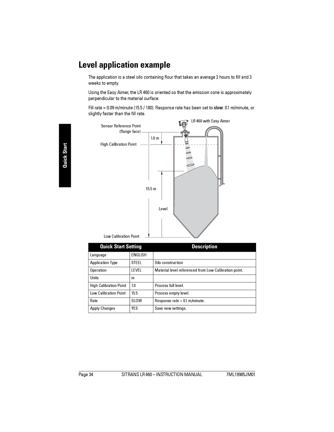 Siemens LR 460 instruction manual Level application example, Quick Start Setting Description 