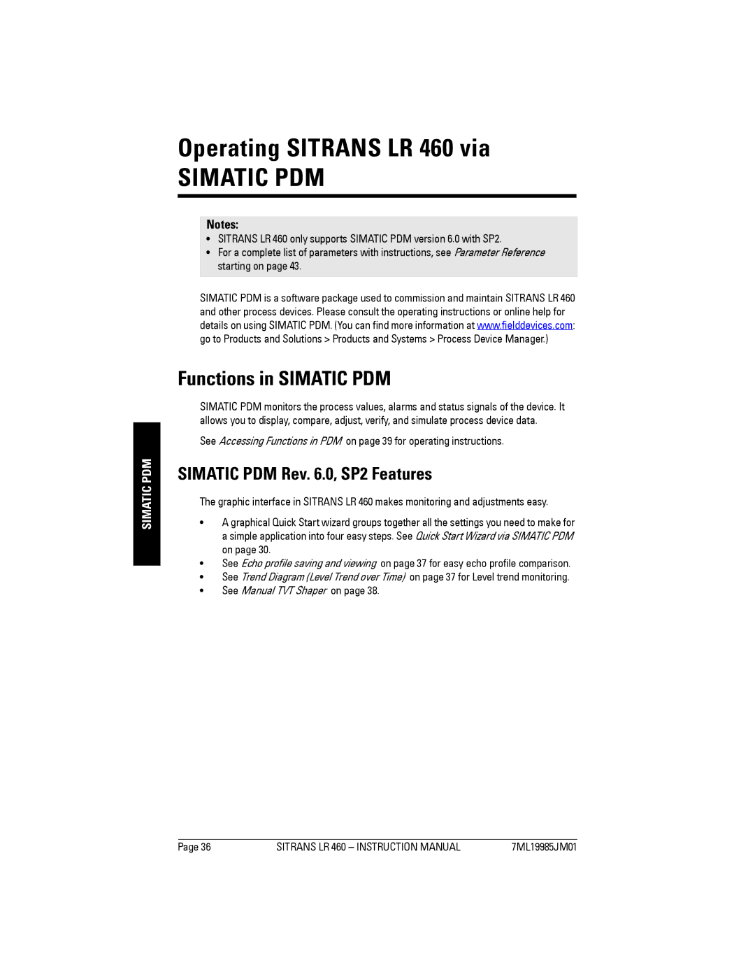 Siemens instruction manual Operating Sitrans LR 460 via, Functions in Simatic PDM, Simatic PDM Rev .0, SP2 Features 