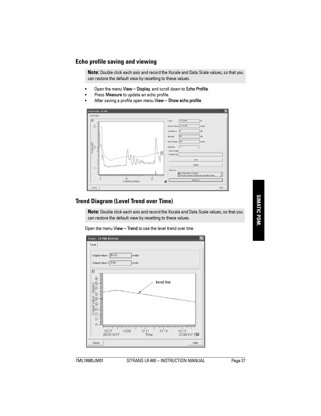 Siemens LR 460 instruction manual Echo profile saving and viewing, Trend Diagram Level Trend over Time 