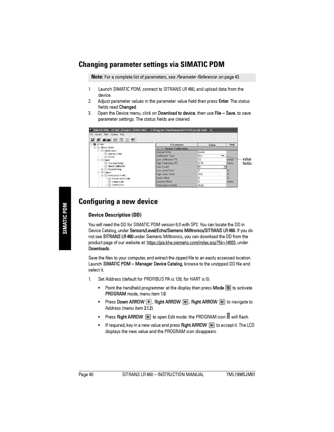 Siemens LR 460 Changing parameter settings via Simatic PDM, Configuring a new device, Device Description DD 