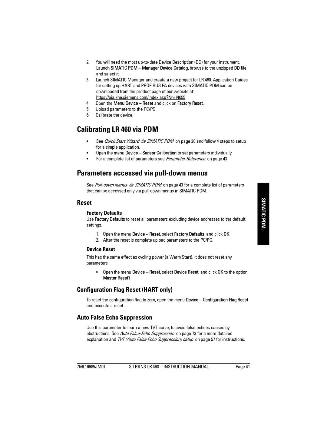 Siemens Calibrating LR 460 via PDM, Parameters accessed via pull-down menus, Configuration Flag Reset Hart only 