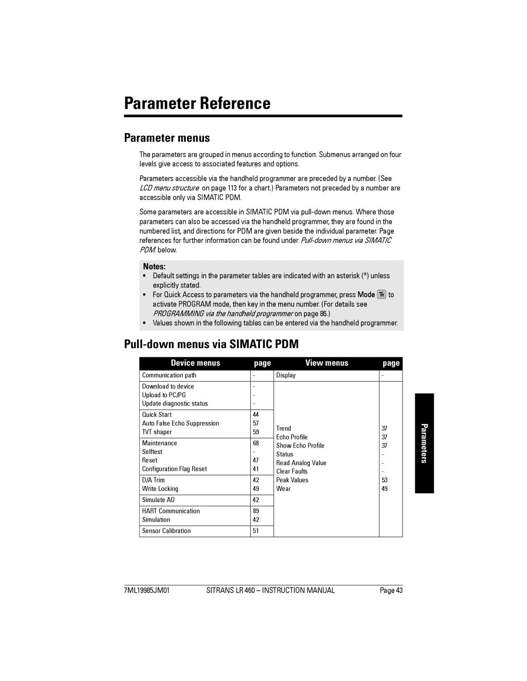 Siemens LR 460 Parameter Reference, Parameter menus, Pull-down menus via Simatic PDM, Device menus View menus, Parameters 