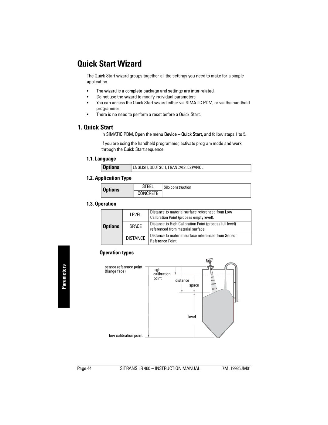 Siemens LR 460 instruction manual Quick Start Wizard, Language Options, Operation 