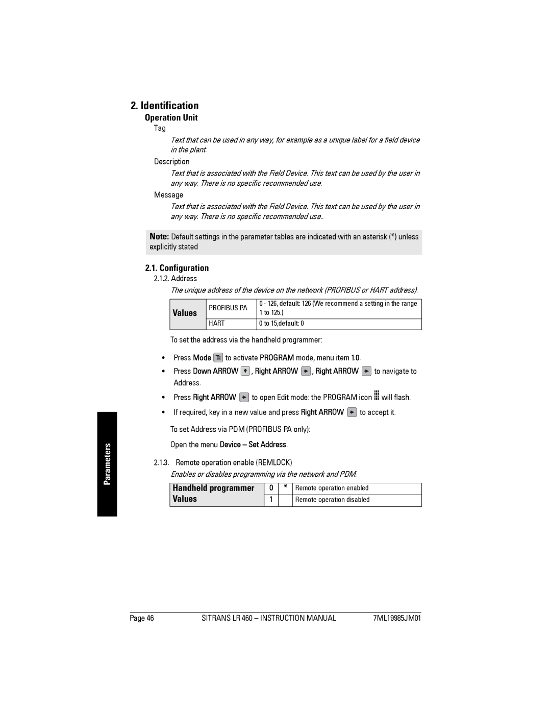 Siemens LR 460 Identification, Operation Unit, Configuration, Open the menu Device Set Address, Handheld programmer 