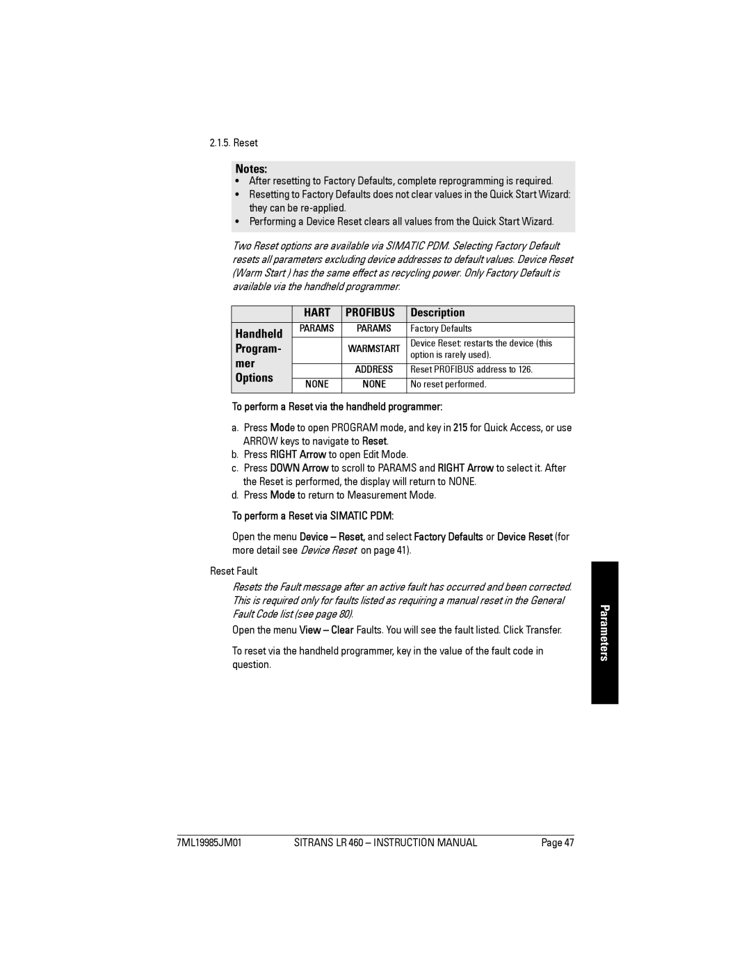 Siemens LR 460 instruction manual Description, Program, Mer, Handheld, To perform a Reset via the handheld programmer 