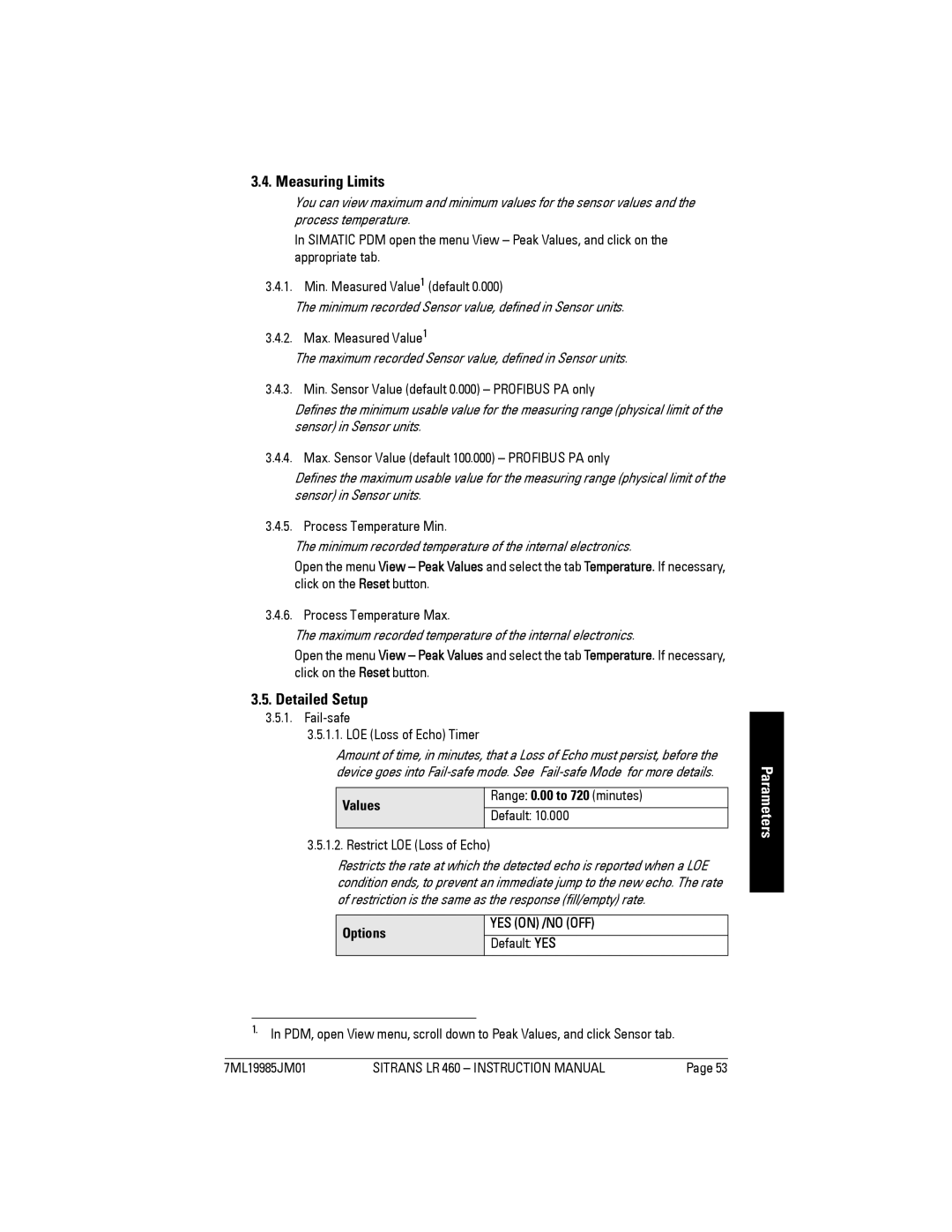 Siemens LR 460 instruction manual Measuring Limits, Detailed Setup, Values, Options 