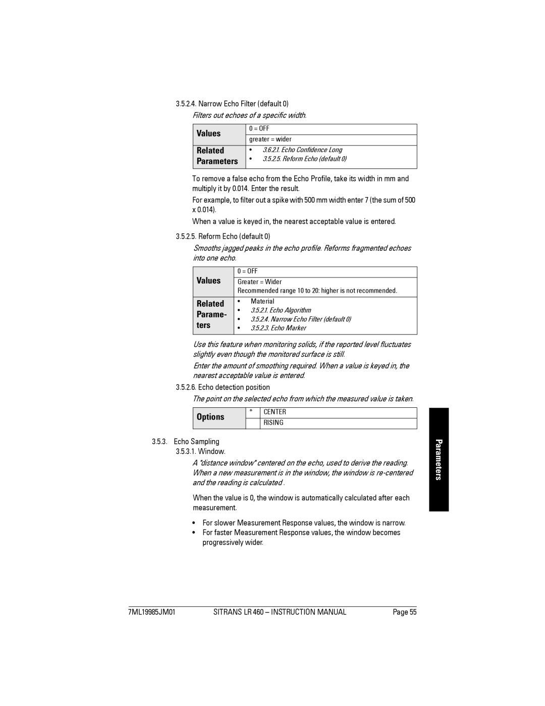 Siemens LR 460 instruction manual Parame, Echo detection position, Echo Sampling Window 