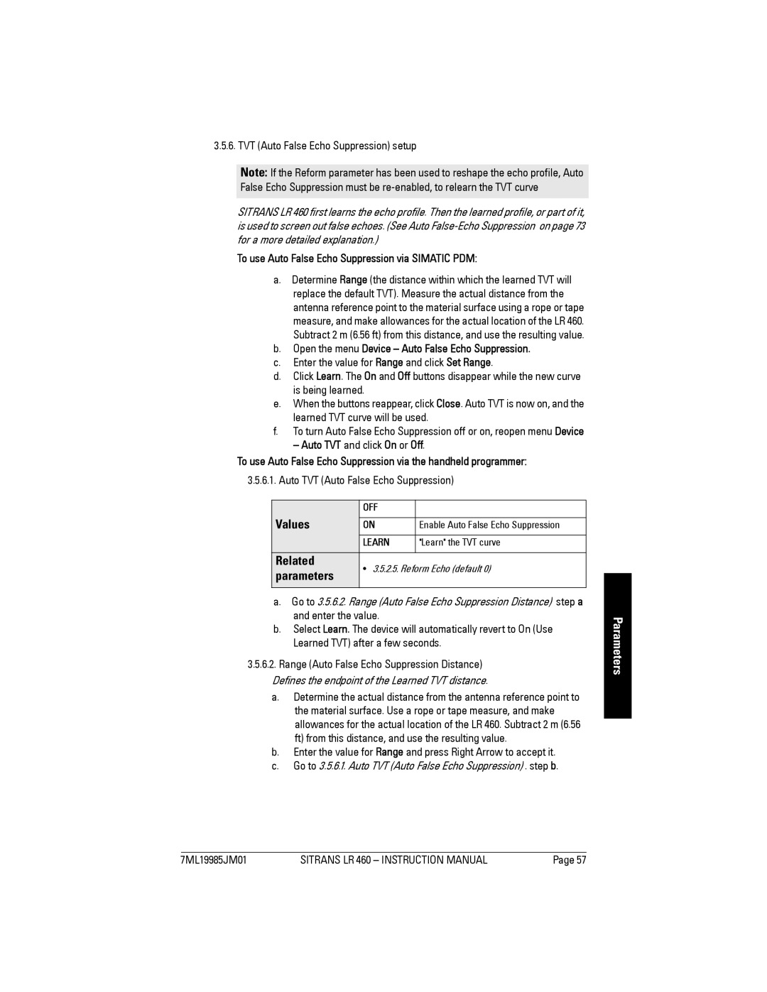 Siemens LR 460 instruction manual TVT Auto False Echo Suppression setup, To use Auto False Echo Suppression via Simatic PDM 