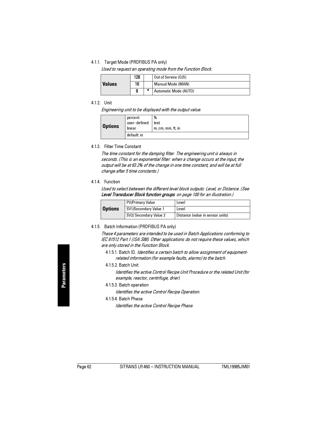 Siemens LR 460 Target Mode Profibus PA only, Filter Time Constant, Batch Information Profibus PA only, Batch Unit 