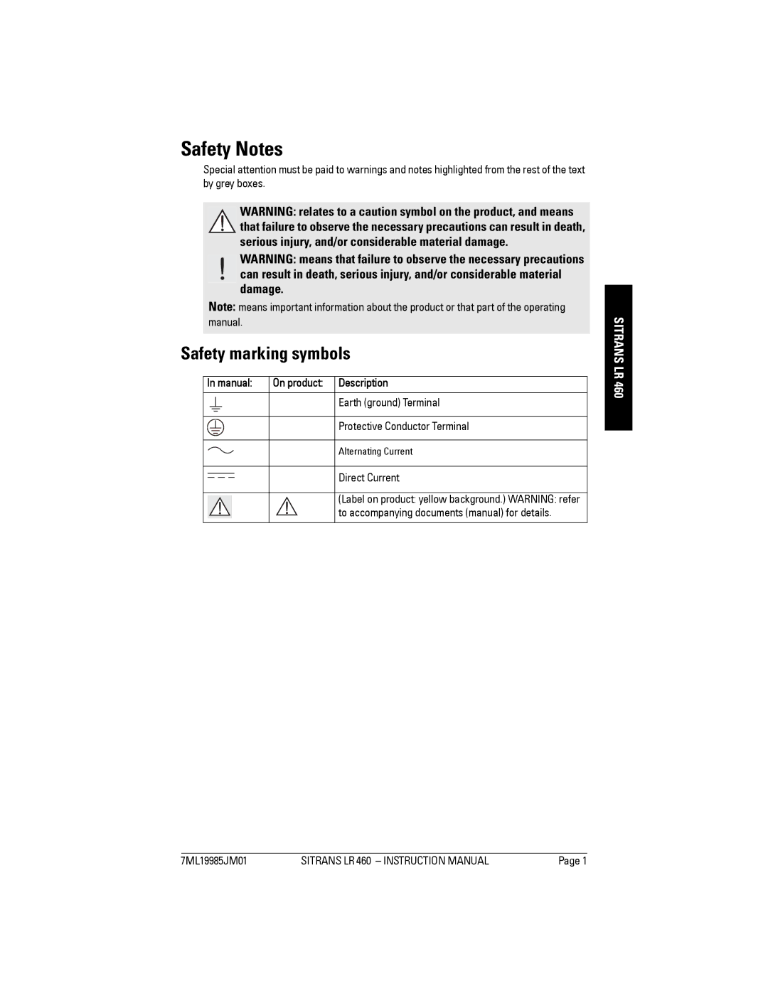 Siemens LR 460 instruction manual Safety Notes, Safety marking symbols, Direct Current, 7ML19985JM01 