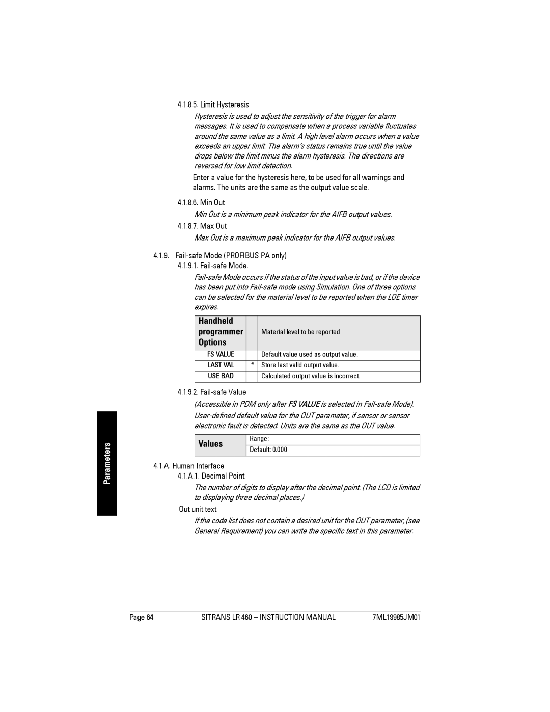 Siemens LR 460 Limit Hysteresis, Min Out, Max Out, Fail-safe Mode Profibus PA only, Fail-safe Value, Out unit text 