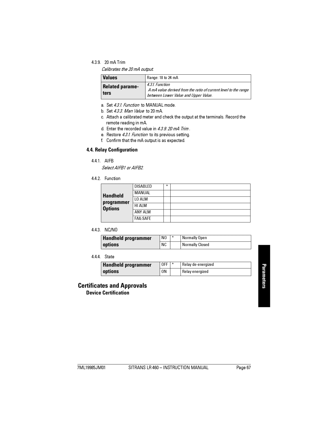 Siemens LR 460 instruction manual Certificates and Approvals, Relay Configuration, Device Certification, Related parame 