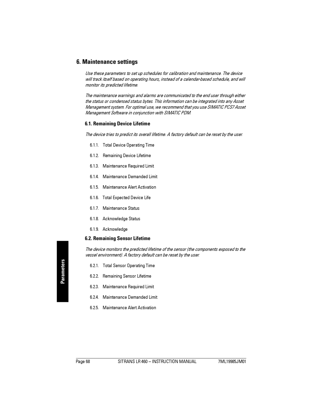 Siemens LR 460 instruction manual Maintenance settings, Remaining Device Lifetime, Remaining Sensor Lifetime 