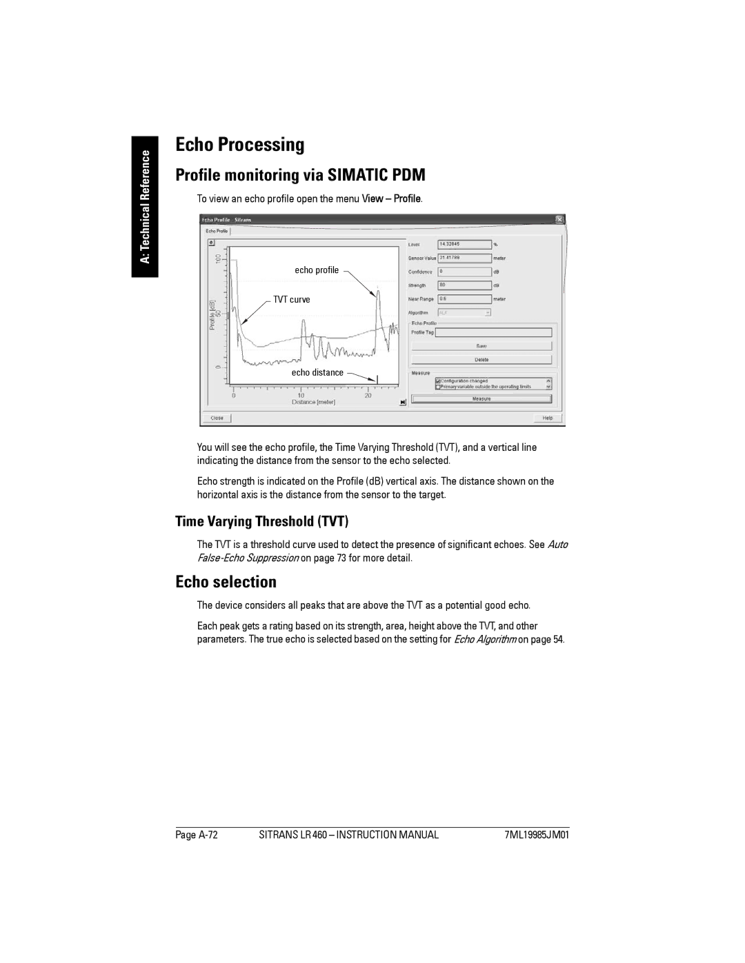 Siemens LR 460 Echo Processing, Profile monitoring via Simatic PDM, Echo selection, Time Varying Threshold TVT 