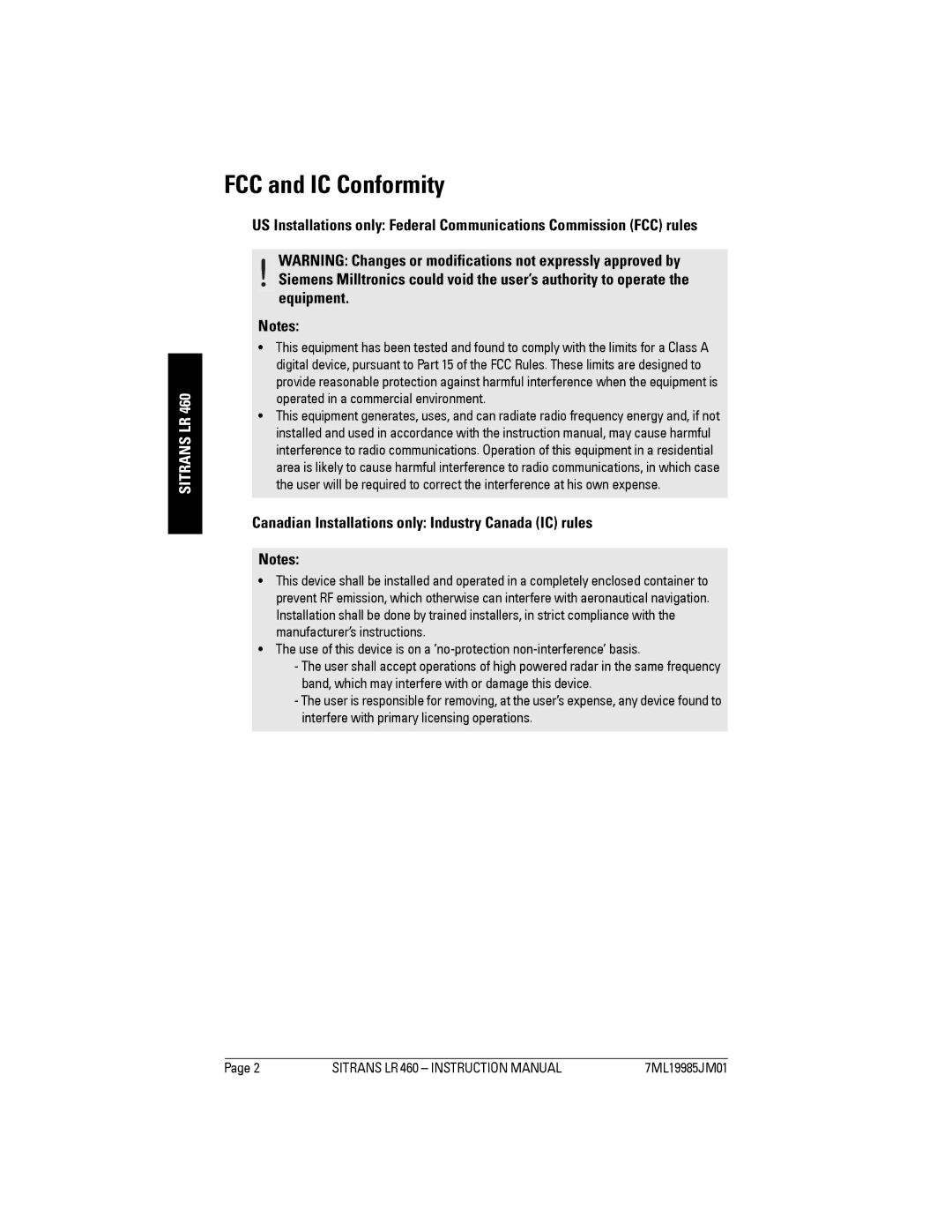 Siemens LR 460 instruction manual FCC and IC Conformity, Canadian Installations only Industry Canada IC rules 